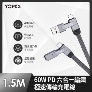 【YOMIX 優迷】PD 60W Type-C 1.5M六合一編織極速傳輸充電線(支援iphone17快充)
