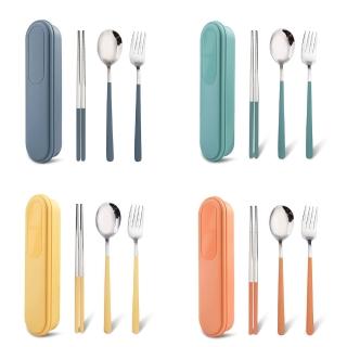 【midou】時尚莫蘭迪304不鏽鋼環保3件式餐具買1送1(304餐具組 外出型304環保餐具 304不鏽鋼湯匙筷子叉子組)