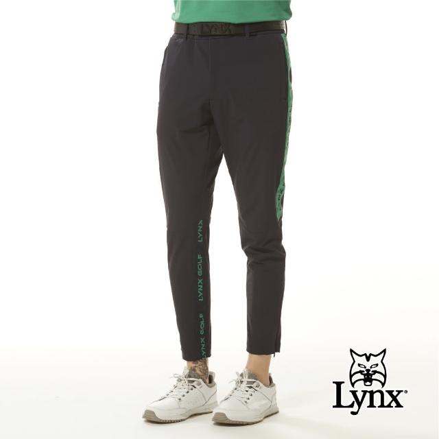 【Lynx Golf】首爾高桿風格！男款彈性舒適大腿繡花設計拉鍊口袋山貓膠標平口窄管休閒長褲(二色)