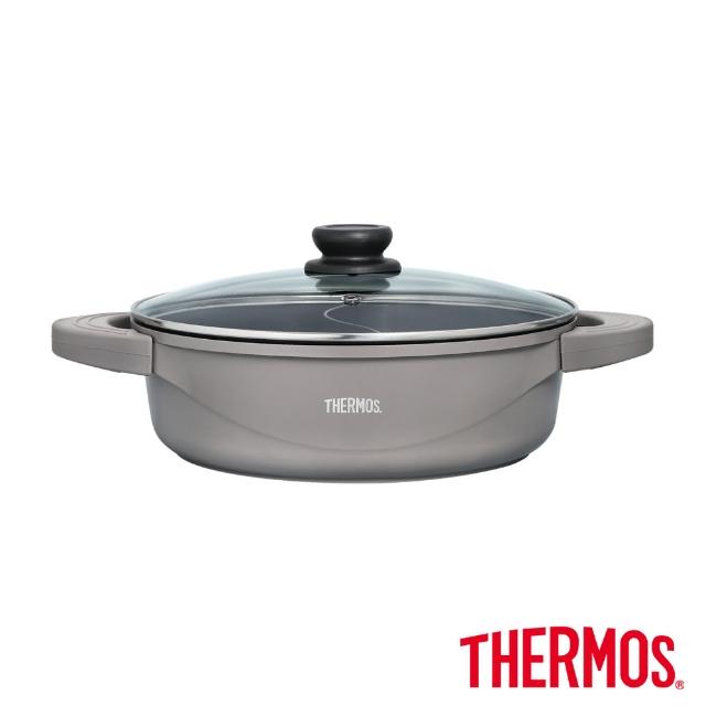 【THERMOS 膳魔師】巧易不沾鍋雙耳附蓋壓鑄鴛鴦火鍋二用鍋28cm(TFP-P28)