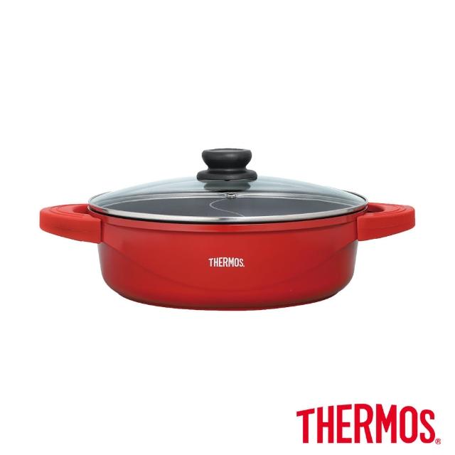 【THERMOS 膳魔師】巧易不沾鍋雙耳附蓋壓鑄鴛鴦火鍋二用鍋28cm(TFP-P28)