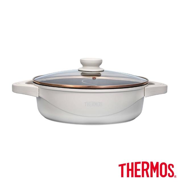 【THERMOS 膳魔師】巧易不沾鍋雙耳附蓋壓鑄鴛鴦火鍋二用鍋28cm(TFP-P28)