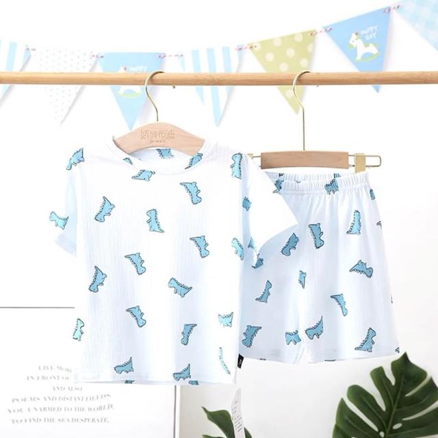 【安朵童舖】現貨韓版兒童冰絲家居服男童短袖套裝女童寬鬆睡衣寶寶冰絲套裝