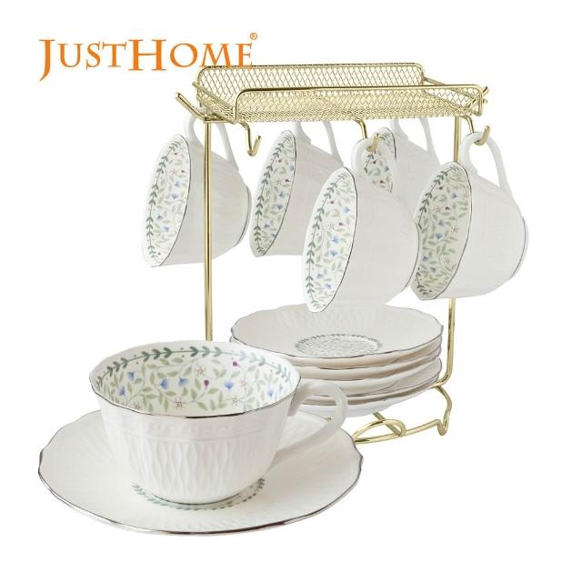 【Just Home】骨瓷咖啡杯盤12件禮盒組附收納架(附禮盒 多款花色可選 入厝送禮 辦公室 新居落成)