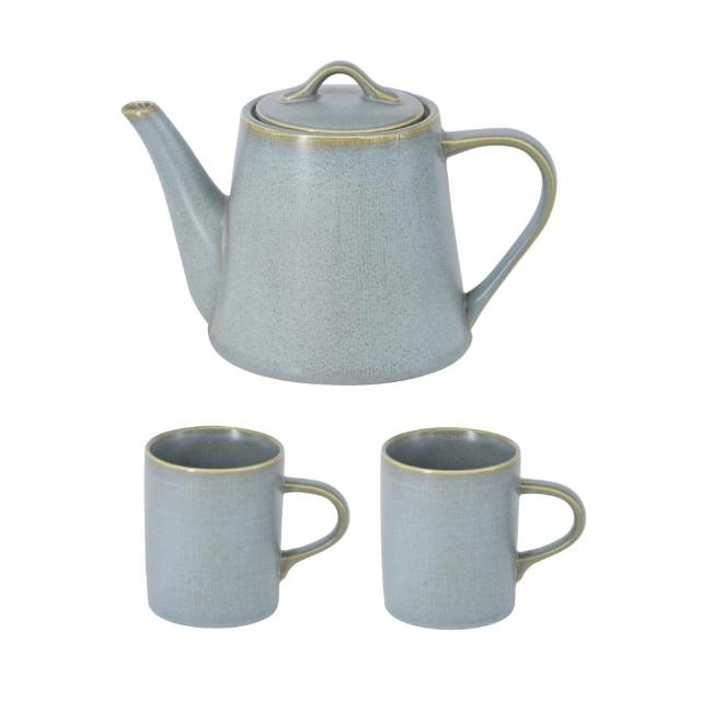 【YU Living 信歐傢居】歐式陶瓷手作壓紋窯變釉茶壺馬克杯組 壺960ml 杯380ml(一壺二杯/2色可選/壺x1.杯x2)