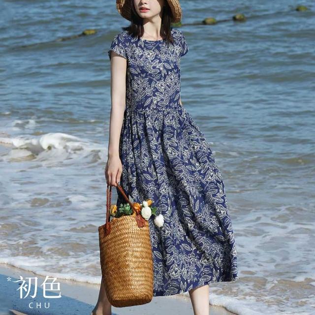 【初色】日系棉麻風涼爽透氣中大碼短袖長裙洋裝連身裙長洋裝-12款任選-67993(M-2XL可選)