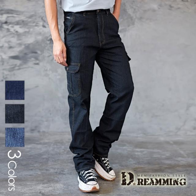 【Dreamming】硬派美式多口袋伸縮中直筒牛仔褲 工裝褲 抗撕裂(共三色)