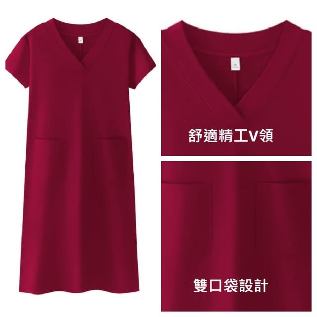 【ASister 小姊姊】現貨在庫★高棉質洋裝☆都市優雅寬鬆V領五分/短袖中長款連身裙(5款 M-4XL#Flagship0021)