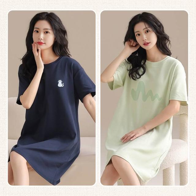 【Kosmiya】買一送一 純色小口袋棉質睡裙/寬鬆睡衣/短袖睡衣/女睡衣/棉質睡衣/涼感睡衣(4色可選/均碼/加大)