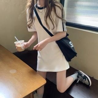 【D.studio】韓版小個子顯瘦休閒中長款連衣裙(洋裝 套裝 連身裙 短袖上衣 短袖t恤 女裝 S203)