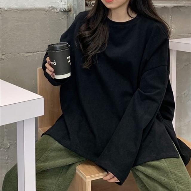 【D.studio】韓版開叉素色寬鬆長袖上衣(女裝 衣服 寬鬆上衣 顯瘦上衣 長袖t恤 冬裝 素T W185)