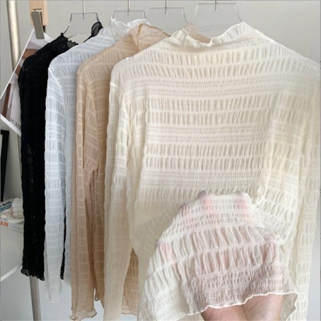 【D.studio】韓版氣質高領蕾絲內搭網紗上衣(長袖上衣 女裝 衣服 寬鬆上衣 顯瘦上衣 長袖t恤W405)