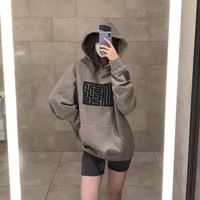 【D.studio】韓版復古內刷毛連帽寬鬆上衣(長袖上衣女裝衣服寬鬆上衣 顯瘦上衣長袖t恤冬裝大學TW312)