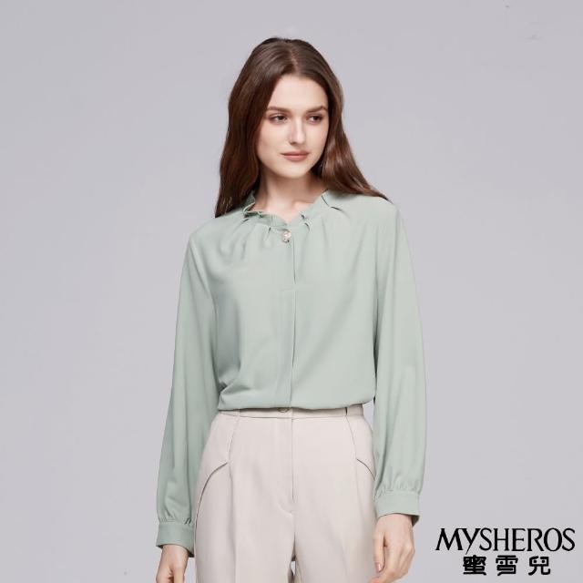 【MYSHEROS 蜜雪兒】網路獨家商品 厚雪紡襯衫上衣 小花邊荷葉領口 珍珠鑽飾飾品(四色任選)