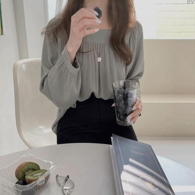 【D.studio】韓版寬鬆方領素色雪紡長袖上衣(女裝 衣服 寬鬆上衣 顯瘦上衣 冬裝 長袖t恤 素T 素色 W227)