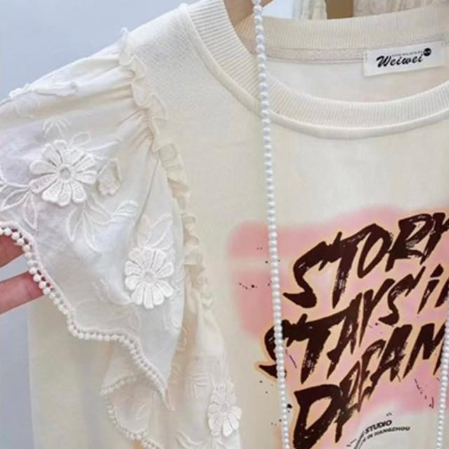 【BBHONEY】空氣棉蕾絲花邊印花棉TEE(秋冬長袖上衣)