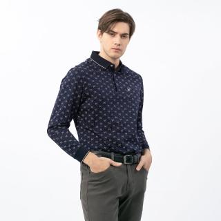 【pierre cardin 皮爾卡登】休閒服飾 男款 印花長袖POLO衫-深藍色(5235209-38)