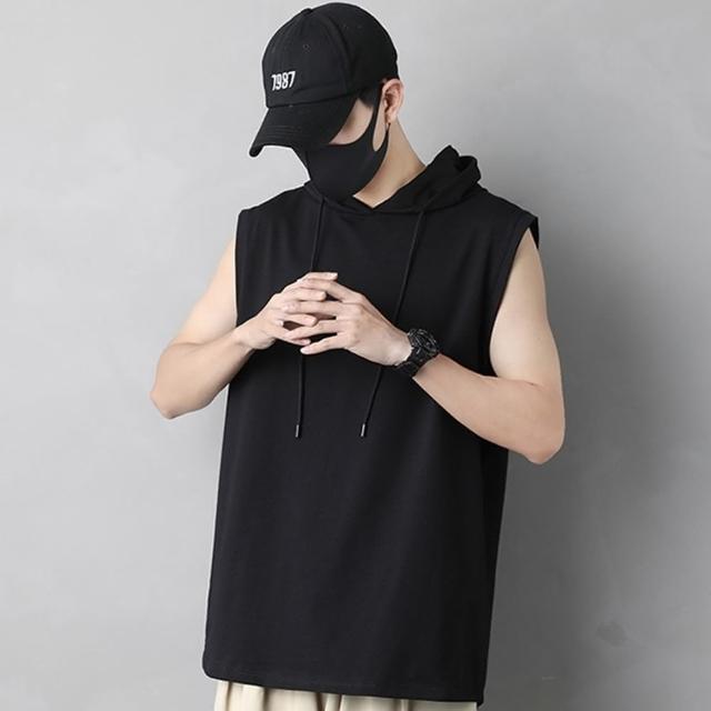 【D.studio】韓版無袖連帽T恤(短袖上衣 無袖t恤 男裝 顯瘦 寬鬆 素T 運動背心 V269)