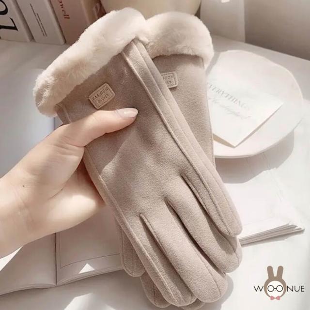 【WOONUE】超高質感保暖可觸控手套親膚羊毛加絨防寒雙層手套紅黑灰奶茶色(情人母親節女兒聖誕生日新年禮物)