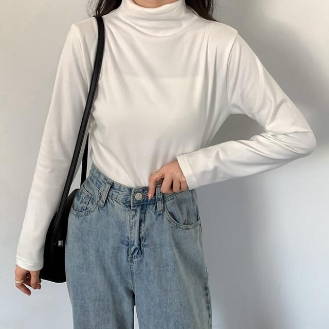 【D.studio】韓版半高領打底長袖上衣(女裝 衣服 寬鬆上衣 顯瘦上衣 長袖t恤 冬裝 發熱衣 素T W321)