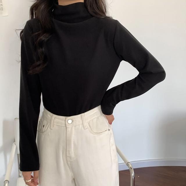 【D.studio】韓版半高領打底長袖上衣(女裝 衣服 寬鬆上衣 顯瘦上衣 長袖t恤 冬裝 發熱衣 素T W321)