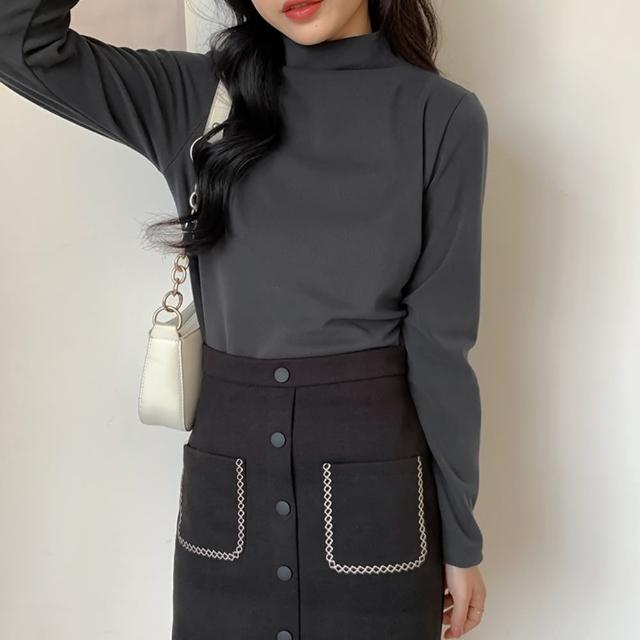 【D.studio】韓版半高領打底長袖上衣(女裝 衣服 寬鬆上衣 顯瘦上衣 長袖t恤 冬裝 發熱衣 素T W321)