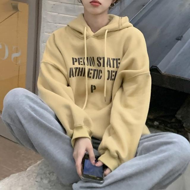 【Amirr 艾米爾】★ 加絨連帽字母印花衛衣(女上衣/長袖/帽T)