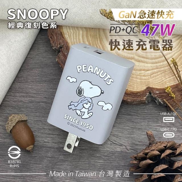 【SNOOPY 史努比】復刻款 47W GaN氮化鎵 兩孔1C1A 快充充電器