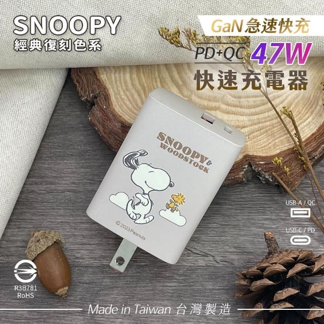 【SNOOPY 史努比】復刻款 47W GaN氮化鎵 兩孔1C1A 快充充電器