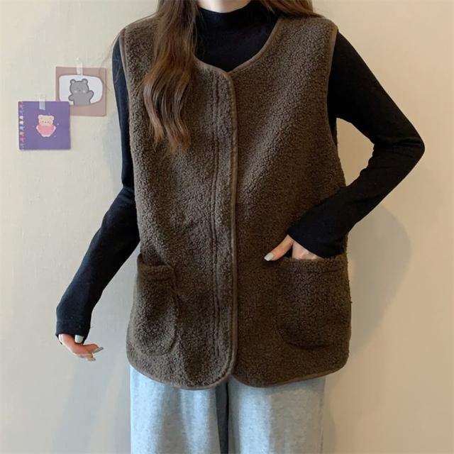 【D.studio】韓版毛絨口袋拉鍊背心外套(上衣 女裝 衣服 外套 長袖上衣 毛衣 J327)