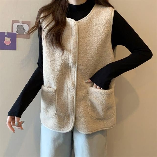 【D.studio】韓版毛絨口袋拉鍊背心外套(上衣 女裝 衣服 外套 長袖上衣 毛衣 J327)