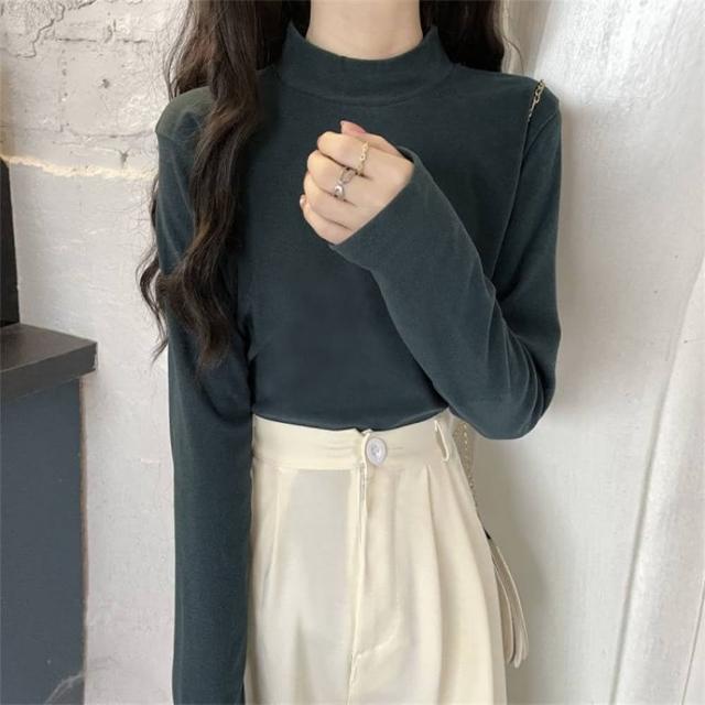 【D.studio】韓版修身顯瘦半高領打底長袖上衣(女裝 衣服 寬鬆上衣 顯瘦上衣 長袖t恤 冬裝 發熱衣 W321)