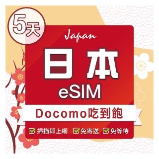 【環亞電訊】eSIM日本Docomo 5天吃到飽(日本網卡 docomo 原生卡 不降速 沖繩 大阪 北海道 eSIM)