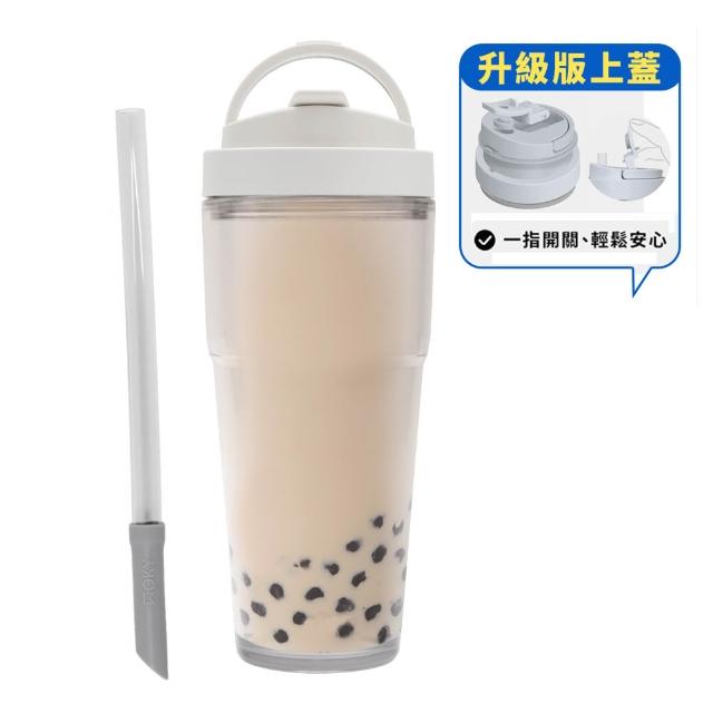 【WOKY 沃廚】渾圓杯 Ecozen純透復刻款 880ml-附彈跳吸管(單手彈蓋款；吸管杯/隨行杯/外帶杯)