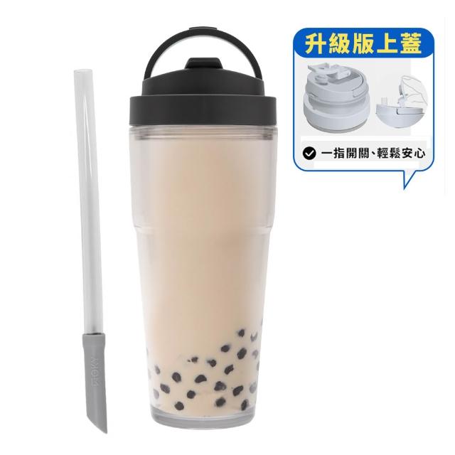【WOKY 沃廚】渾圓杯 Ecozen純透復刻款 880ml-附彈跳吸管(單手彈蓋款；吸管杯/隨行杯/外帶杯)
