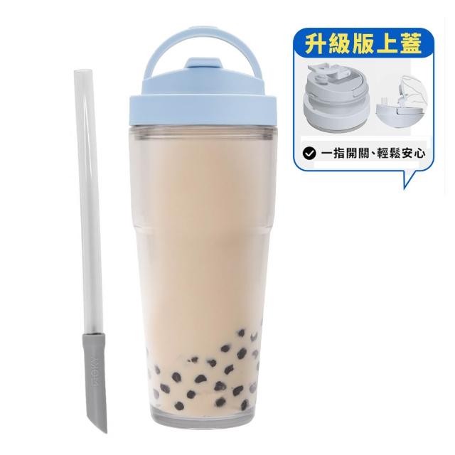 【WOKY 沃廚】渾圓杯 Ecozen純透復刻款 880ml-附彈跳吸管(單手彈蓋款；吸管杯/隨行杯/外帶杯)