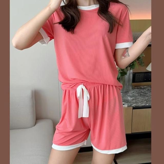 【D.studio】韓版撞色冰絲寬鬆休閒套裝(短袖上衣+短褲女裝衣服寬鬆上衣 褲子 運動短褲休閒短褲睡衣 S301)