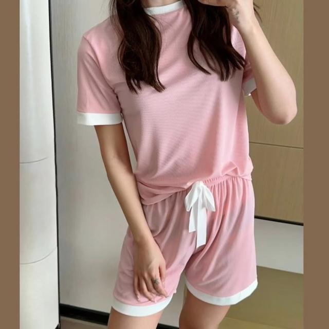 【D.studio】韓版撞色冰絲寬鬆休閒套裝(短袖上衣+短褲女裝衣服寬鬆上衣 褲子 運動短褲休閒短褲睡衣 S301)