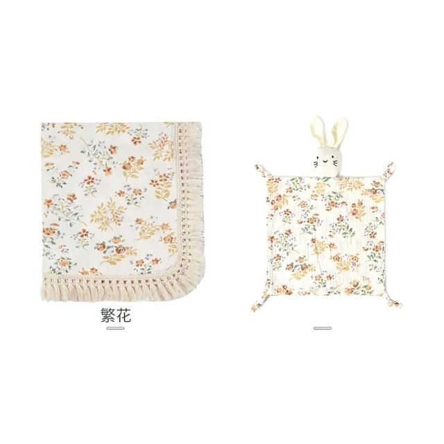 【Kori Deer 可莉鹿】彌月禮盒組-印花流蘇嬰兒萬用包巾+安撫巾(彌月禮滿月冷氣毯透氣寶寶被四季毯)