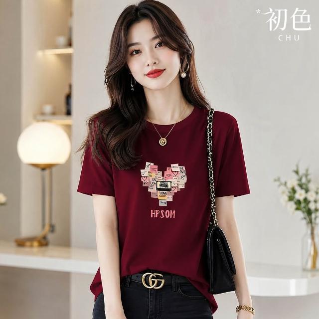 【初色】休閒純色印花圓領短袖T恤上衣女上衣-5款任選-14586(M-2XL可選)