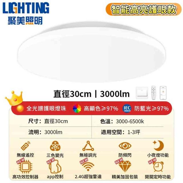 【聚美照明】吸頂燈 3000流明2-3坪 超薄4cm簡約臥室燈30cm(防藍光護眼燈/APP三色無極調光附遙控)