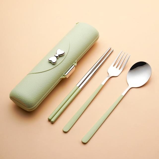 【BonBon naturel】304不鏽鋼環保餐具三件組附盒(筷子/餐具/湯匙/叉子/餐勺/野餐/露營/環保餐具組)