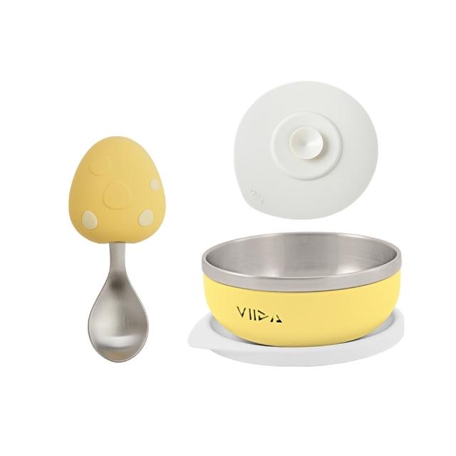 【VIIDA】Souffle 抗菌不鏽鋼學習湯匙和餐碗和矽膠吸盤(兒童餐具/99%抗菌/不鏽鋼餐碗/學習餐具)