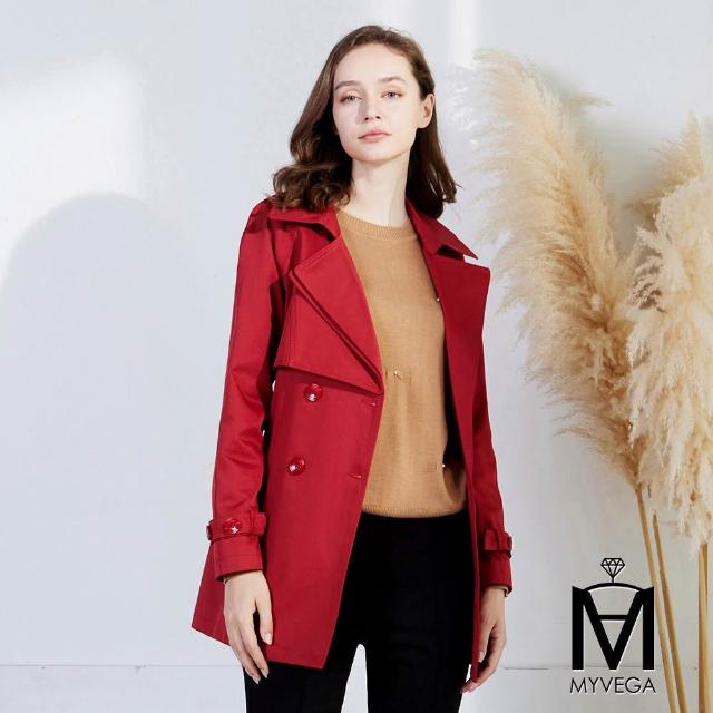 【MYVEGA 麥雪爾】MA小花收腰/斜剪接/翻領排釦綁帶風衣外套-多款任選(連帽外套/風外/新年紅色開運)
