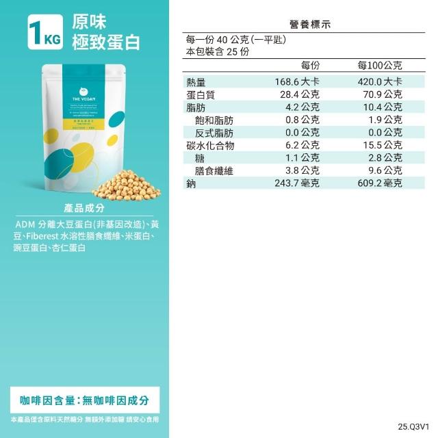【THE VEGAN 樂維根】極致(純淨)植物優蛋白 1KG/袋(原味、巧克力、杏仁、燕麥  無香料 無加糖 台灣製造)
