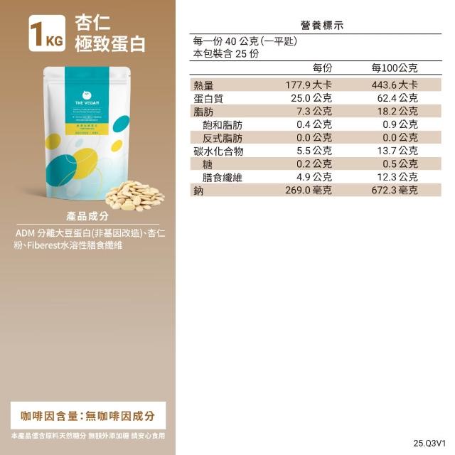 【THE VEGAN 樂維根】極致(純淨)植物優蛋白 1KG/袋(原味、巧克力、杏仁、燕麥  無香料 無加糖 台灣製造)
