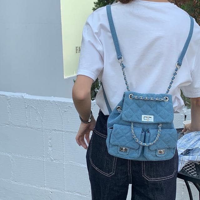 【MoonDy】鍊條包 可愛包包 後背包 禮物 包包 小香風後背包 菱格紋包包 小背包 小包包 韓 