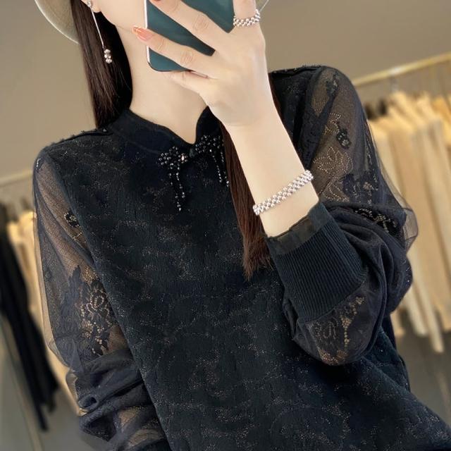 【Very Buy 非常勸敗】預購/新中式蕾絲旗袍領國風精紡羊毛女士套頭立領歐美內搭上衣