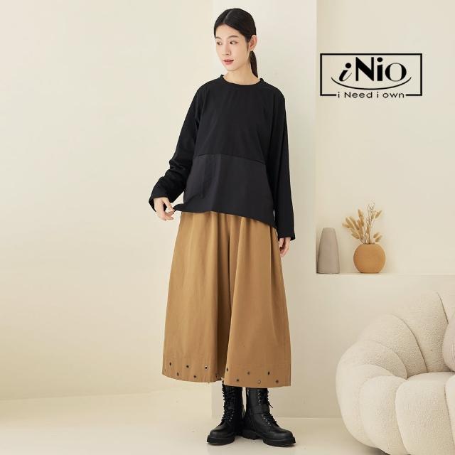 【iNio 衣著美學】褲裙 現貨 洞飾褲管 雙口袋 鬆緊腰 寬褲 CDW2750