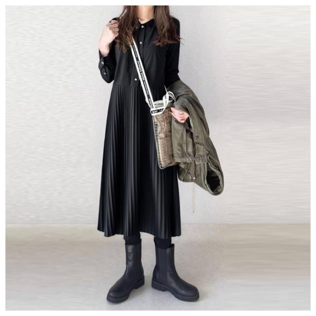 【ASister 小姊姊】AS0989#春秋洋裝☆日系*襯衫領半釦褶皺*連身裙/長裙/長洋裝(3色 S-L)